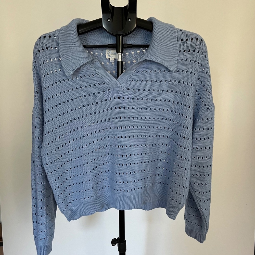 Blue Rain Francesca's Light Blue Open Knit Polo Sweater V-Neck Pointelle Top L